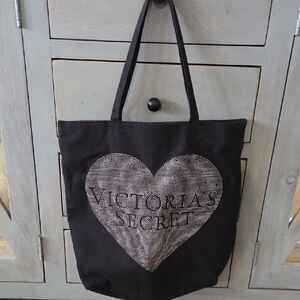 Victoria's Secret Canvas Black Tote with Rhinestone Heart Logo